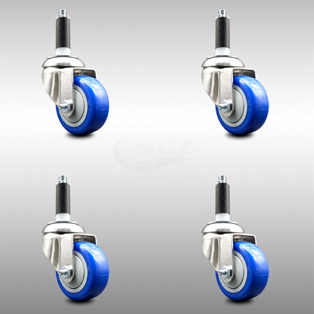 Service Caster 3 Inch 316SS Blue Polyurethane Swivel 3/4 Inch Expanding Stem Caster Set SCC SCC-SS316EX20S314-PPUB-BLUE-34-4